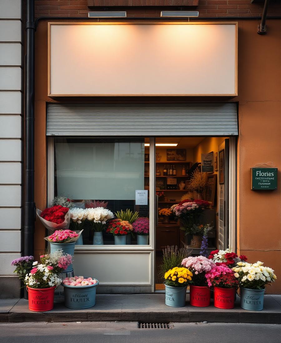 Neighbourhood florist shop front with flower buckets