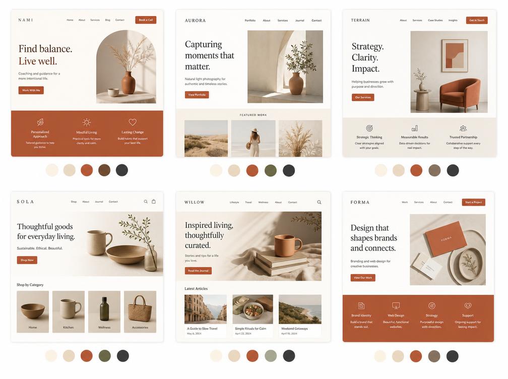 Gallery of landing page designs with colour palette swatches