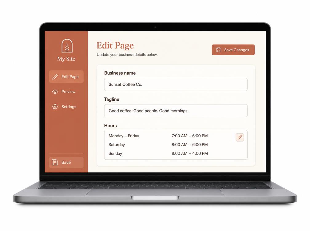 Editor screen showing business name, tagline and opening hours fields